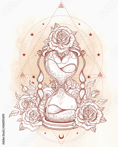 Decorative antique hourglass with roses illustration isolated on white. Hand drawn vector art. Sketch for dotwork tattoo, hipster t-shirt design, vintage style posters.