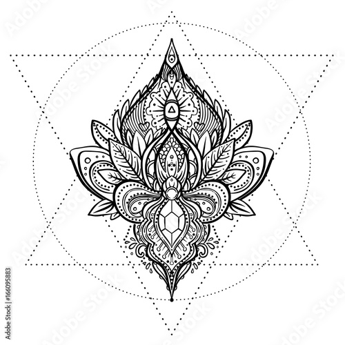 Vector ornamental floral, ethnic art, patterned Indian paisley. Hand drawn illustration. Invitation element. Tattoo, astrology, alchemy, boho and magic symbol.