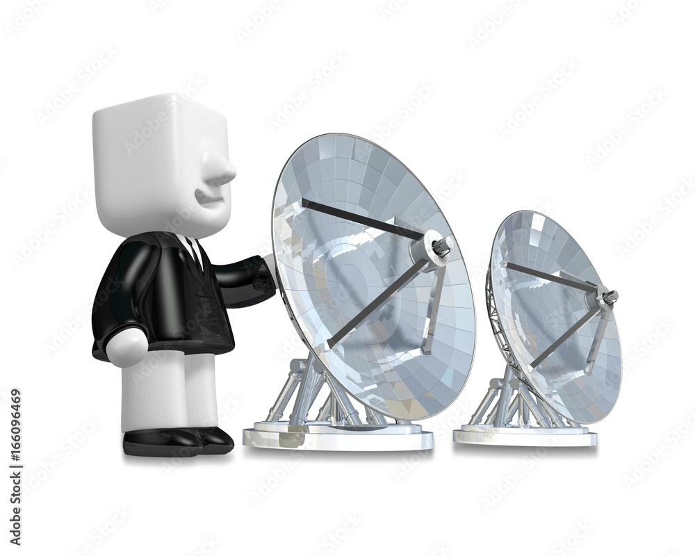 3d Businessman person with a parabolic dish. 3D Square Man Series. 3d Businessman person with a parabolic dish. 3D Square Man Series.