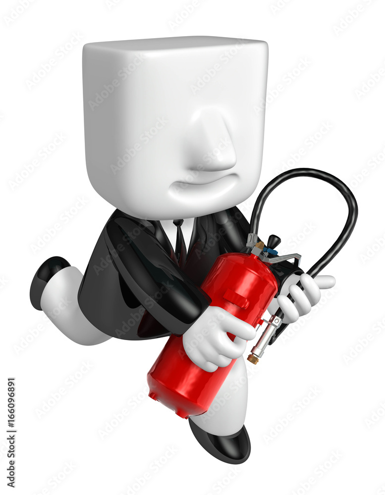 3D Businessman holding fire extinguisher. 3D Square Man Series. 3D Businessman holding fire extinguisher. 3D Square Man Series.