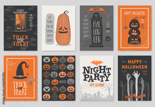 Halloween hand drawn invitation or greeting Cards set.