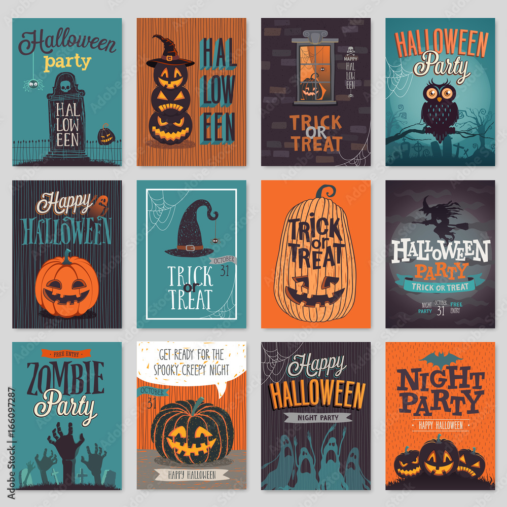 Fototapeta premium Halloween hand drawn invitation or greeting Cards set.