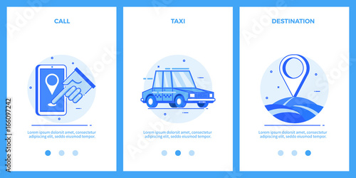 Icons of taxi service - call, taxi, destination. Outline blue banners, screens for mobile apps and web sites. Vector illustration.