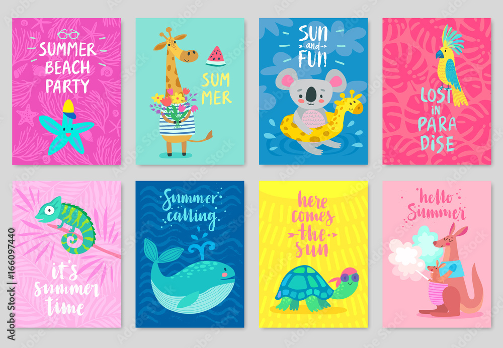 Animals card set, hand drawn style, summer theme.