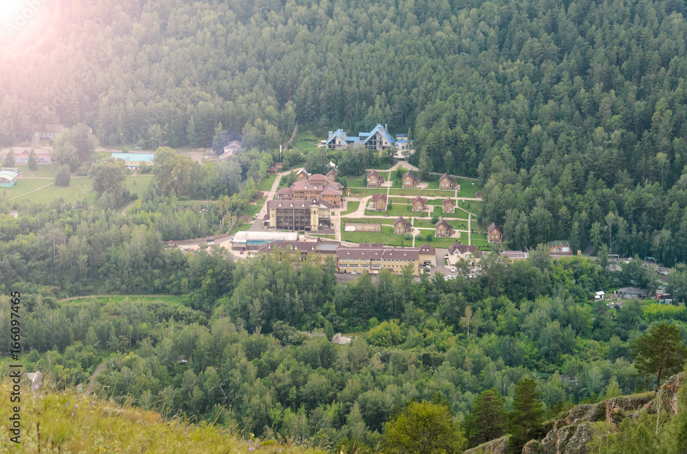 Sanatorium in the mountains in summer, top view Sanatorium in the mountains in summer, top view