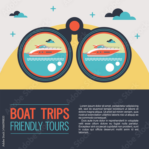 Sea walks on the yacht. The rest of the sea. Vector illustration with binoculars and a yacht.