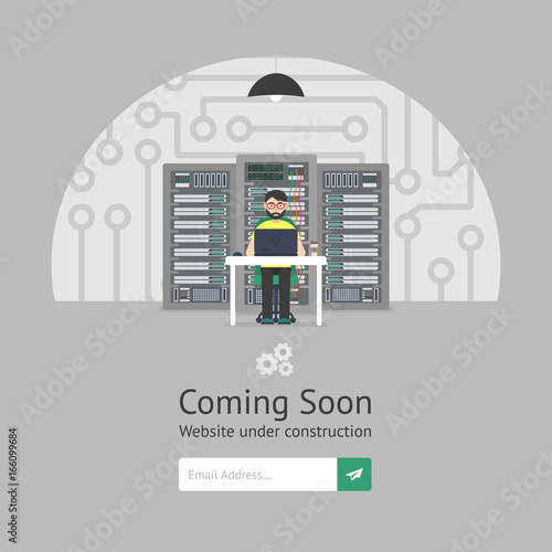 Website is under reconstruction. Male system administrator. Website Template. Coming Soon. Vector illustration. Flat style.