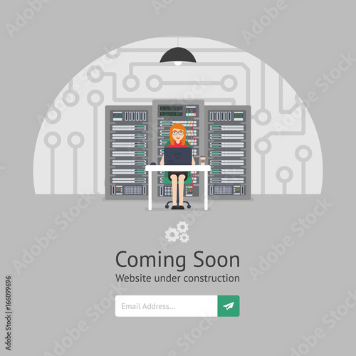 Website is under reconstruction. Girl system administrator. Website Template. Coming Soon. Vector illustration in modern flat style.
