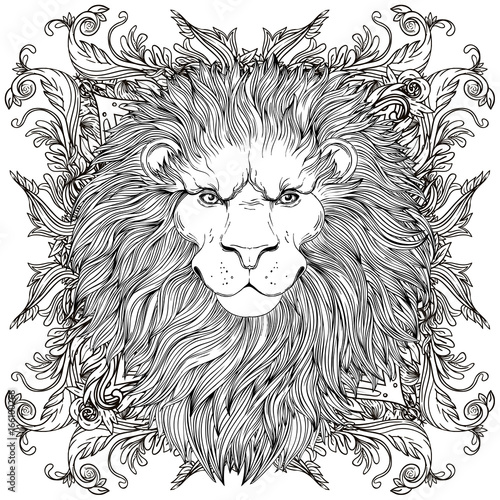 Fototapeta Naklejka Na Ścianę i Meble -  Decorative illustration of heraldic Lion Head with royal crown and ribbon. Vector illustration isolated on white. Hand drawn vintage. Line art tattoo template.