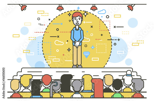 Vector illustration orator spokesman spokesperson speaker businessman closed posture fear rhetor politician speech stage audience business presentation spitch line art linear style