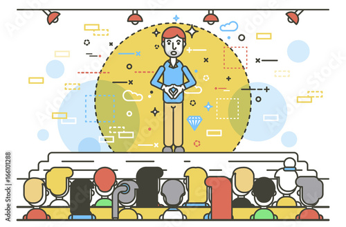 Vector illustration orator spokesman spokesperson speaker gesture businessman rhetor politician speech speaking on stage audience business presentation spitch line art linear style