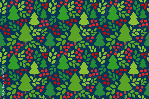 Endless Christmas Pattern. Christmas tree. Holly Berry. Leaves.