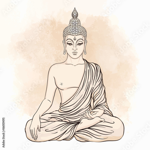 Buddha over ornate mandala round pattern. Esoteric vintage vector illustration. Indian, Buddhism, spiritual art. Hippie tattoo, spirituality, Thai god, yoga zen.