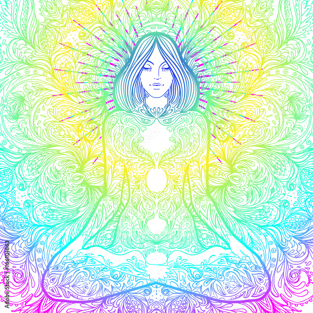 Pretty girl in lotus pose over ornate round mandala pattern. Yoga concept. Decorative design for cover, t-shirt, hippie poster, flyer. Astrology, sacred geometry. Pretty girl in lotus pose over ornate round mandala pattern. Yoga concept. Decorative design for cover, t-shirt, hippie poster, flyer. Astrology, sacred geometry.