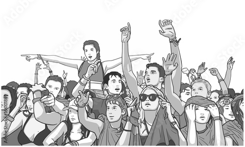 Illustration of festival crowd partying in the rain in grey scale