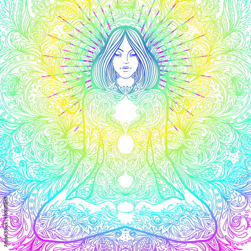 Pretty girl in lotus pose over ornate round mandala pattern. Yoga concept. Decorative design for cover, t-shirt, hippie poster, flyer. Astrology, sacred geometry.