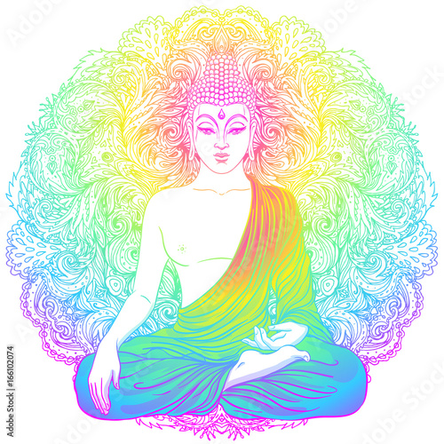 Fotografie Buddha face over ornate mandala round pattern