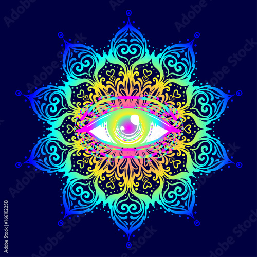 Sacred geometry symbol with all seeing eye in acid colors. Mystic, alchemy, occult concept. Design for indie music cover, t-shirt print, psychedelic poster, flyer.