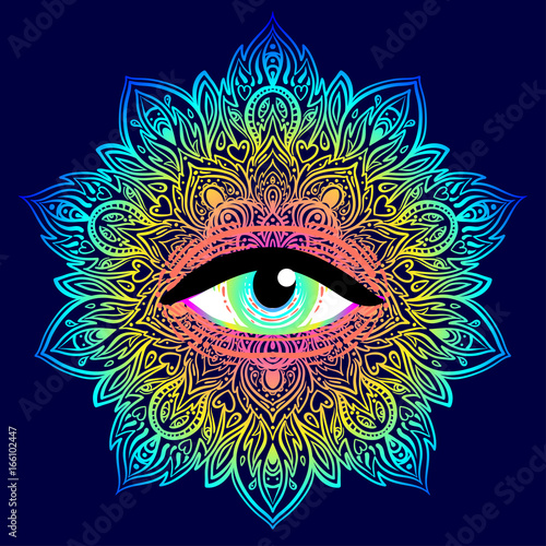 Sacred geometry symbol with all seeing eye in acid colors. Mystic, alchemy, occult concept. Design for indie music cover, t-shirt print, psychedelic poster, flyer.