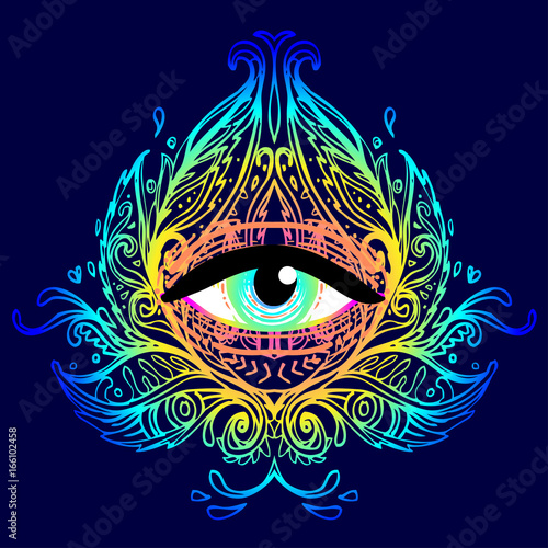 Sacred geometry symbol with all seeing eye in acid colors. Mystic, alchemy, occult concept. Design for indie music cover, t-shirt print, psychedelic poster, flyer.
