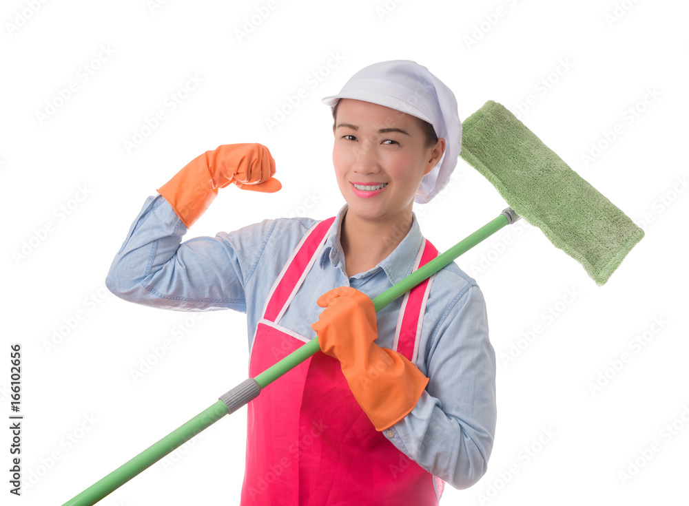 confidence successful young housewife standing and holding mop ready for cleaning services. isolated on white background. confidence successful young housewife standing and holding mop ready for cleaning services. isolated on white background.