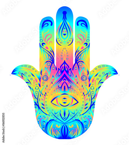 Ornate hand drawn hamsa. Popular Arabic and Jewish amulet. Vector illustration. Mystic, alchemy, occult concept. Design for t-shirt print, psychedelic poster, flyer.