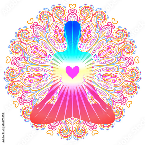 Heart Chakra concept. Inner love, light and peace. Silhouette in lotus position over colorful ornate mandala. Vector illustration isolated on white. Buddhism esoteric motifs.