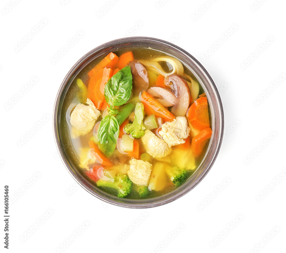 Bowl with delicious turkey soup, isolated on white Bowl with delicious turkey soup, isolated on white
