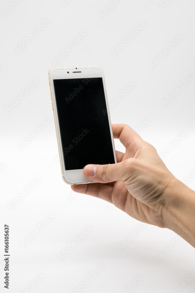 Female hand holding white cellphone with black screen Female hand holding white cellphone with black screen