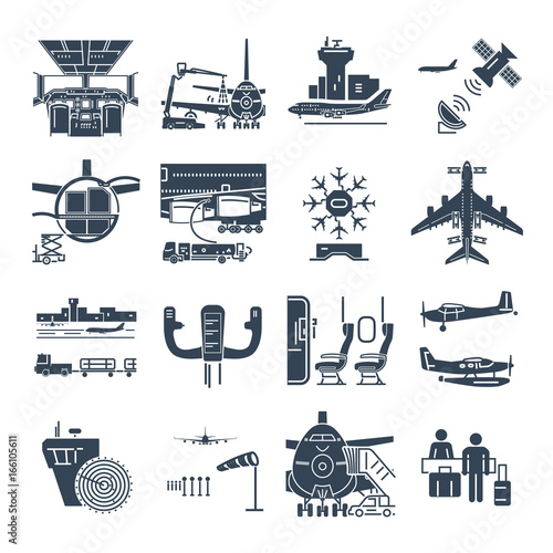 set of black icons airport and airplane, control tower, aircraft