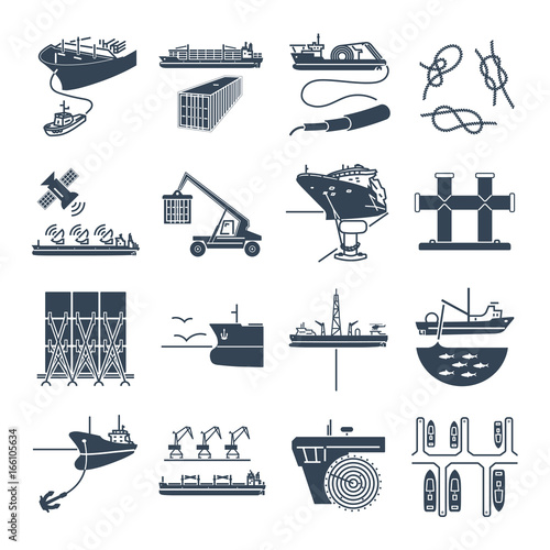 set of black icons water transport and sea port, container ship, tug