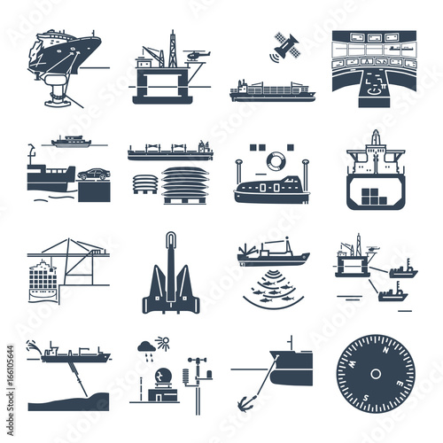 set of black icons water transport and sea port, oil platform, dry cargo ship, bulk carrier