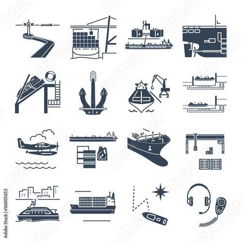 set of black icons water transport and sea port, merchant shipping, tanker, freighter