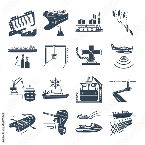 set of black icons water transport and sea port, gas tanker, overseas shipping