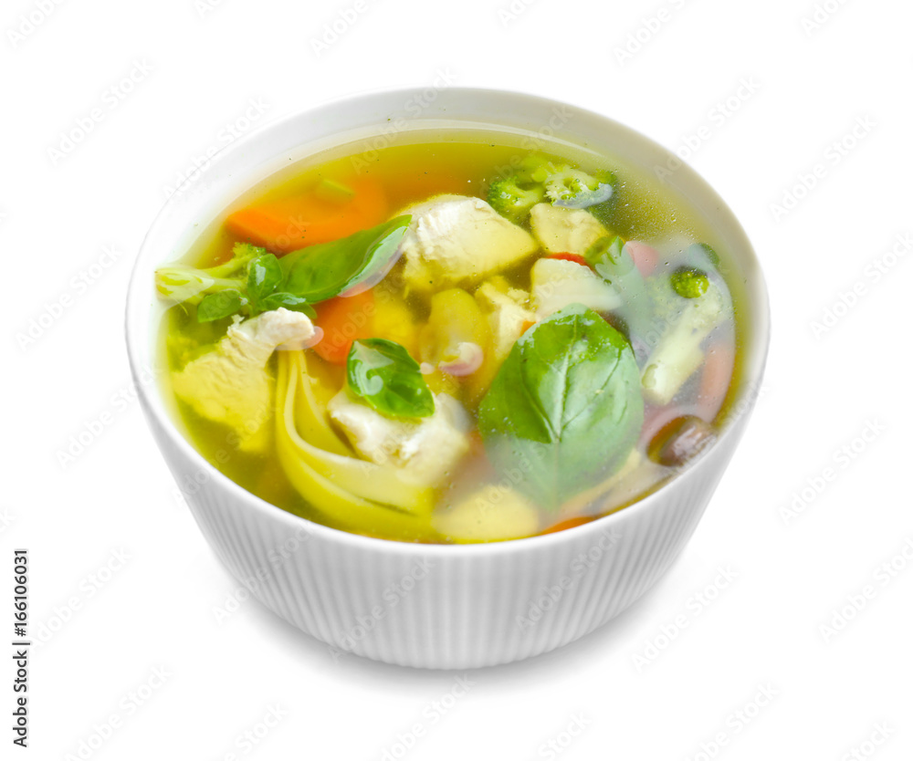 Bowl with delicious turkey soup on white background Bowl with delicious turkey soup on white background