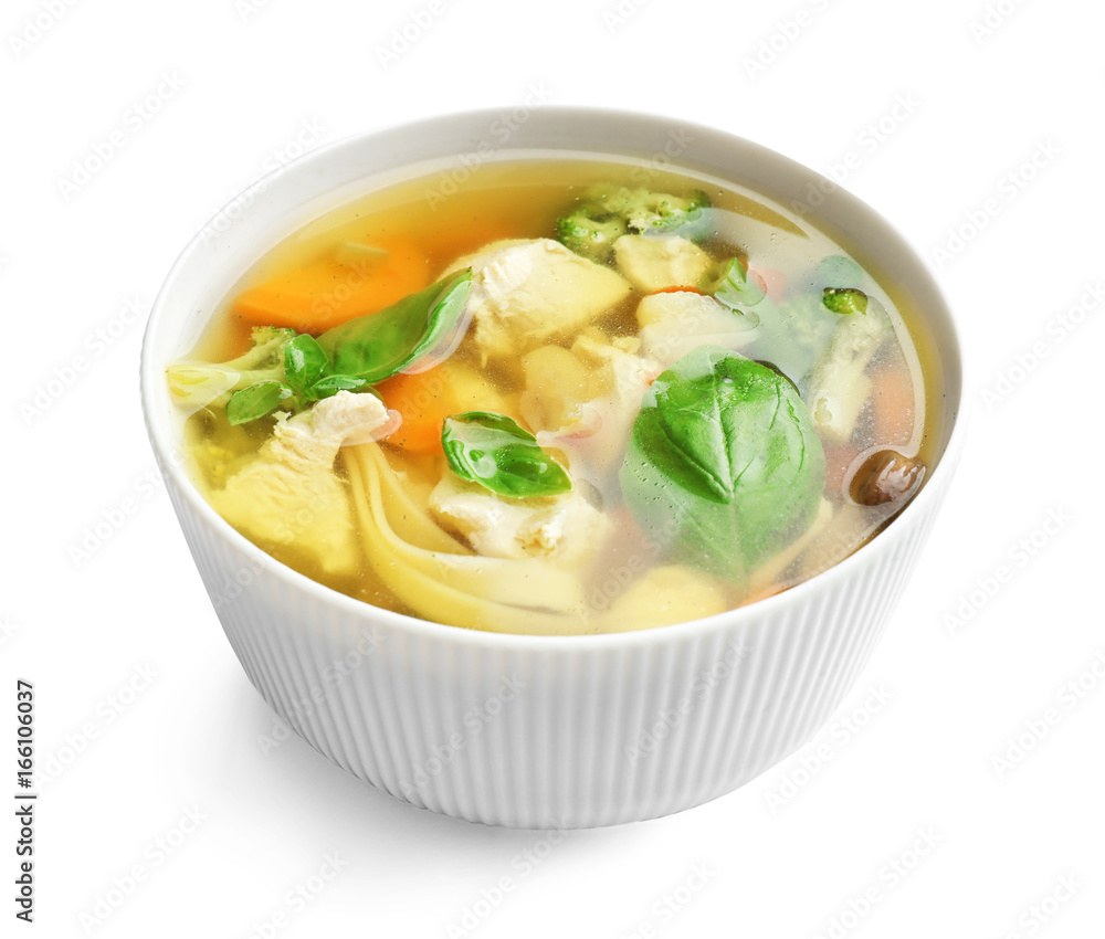 Bowl with delicious turkey soup on white background Bowl with delicious turkey soup on white background