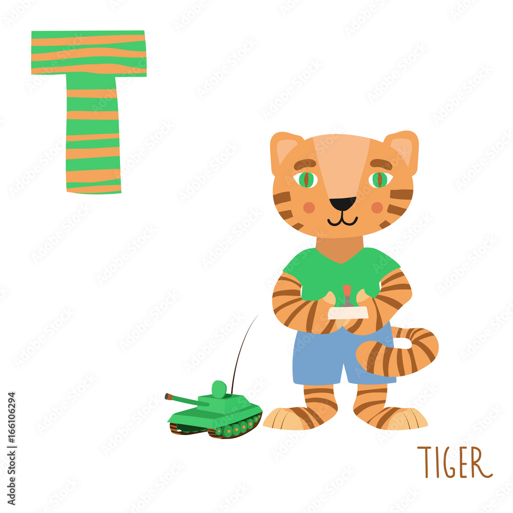 Obraz premium Vector cute kids animal alphabet. Letter T for the Tiger