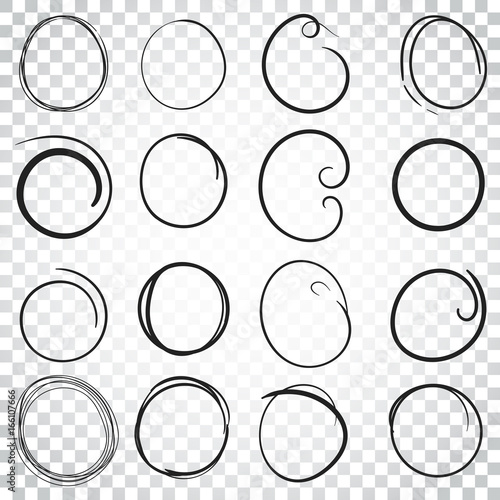 Hand drawn circles icon set. Collection of pencil sketch symbols. Vector illustration on isolated background. Simple business concept pictogram.