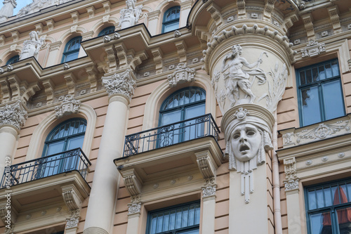 Art Nouveau architecture on a building facade in Riga, Latvia