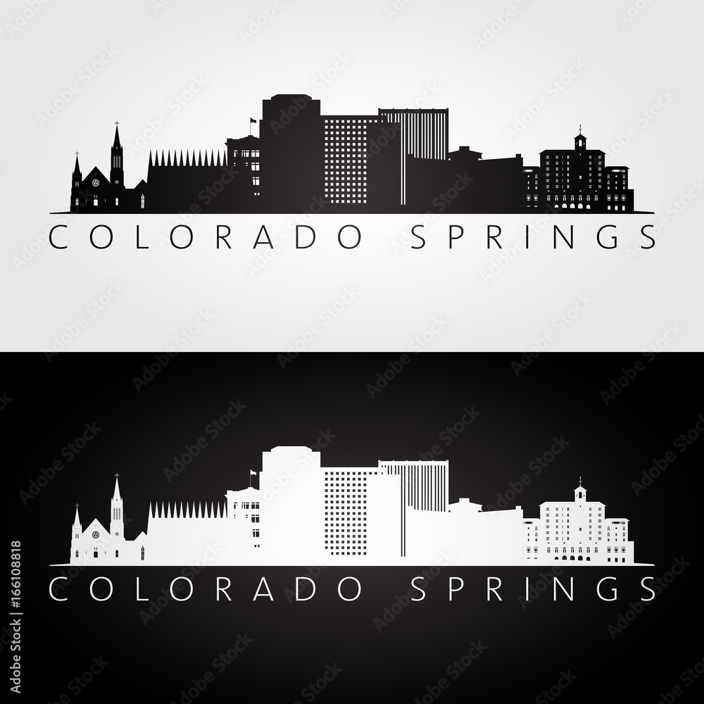 Colorado Springs USA skyline and landmarks silhouette, black and white design, vector illustration.