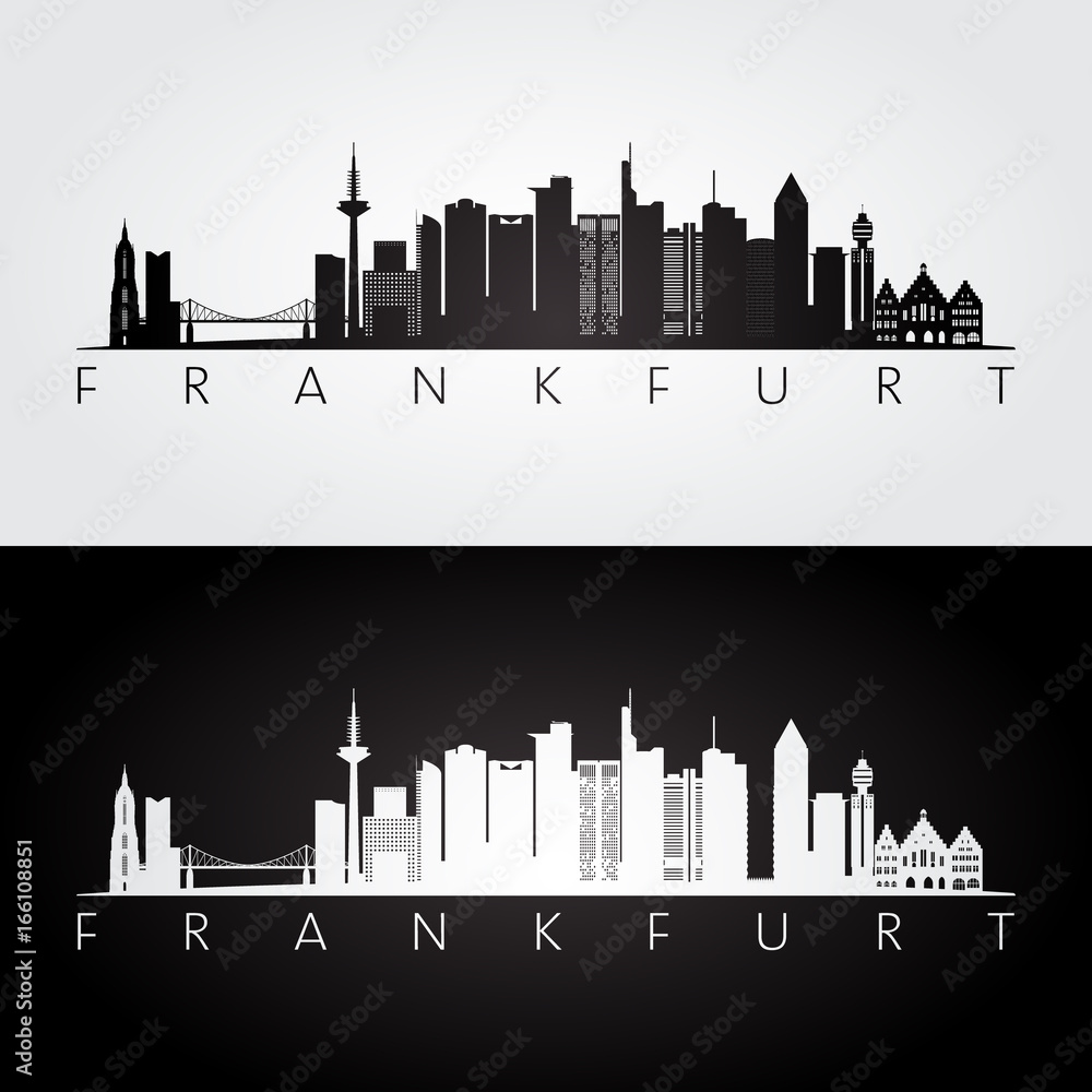 Frankfurt skyline and landmarks silhouette, black and white design, vector illustration.