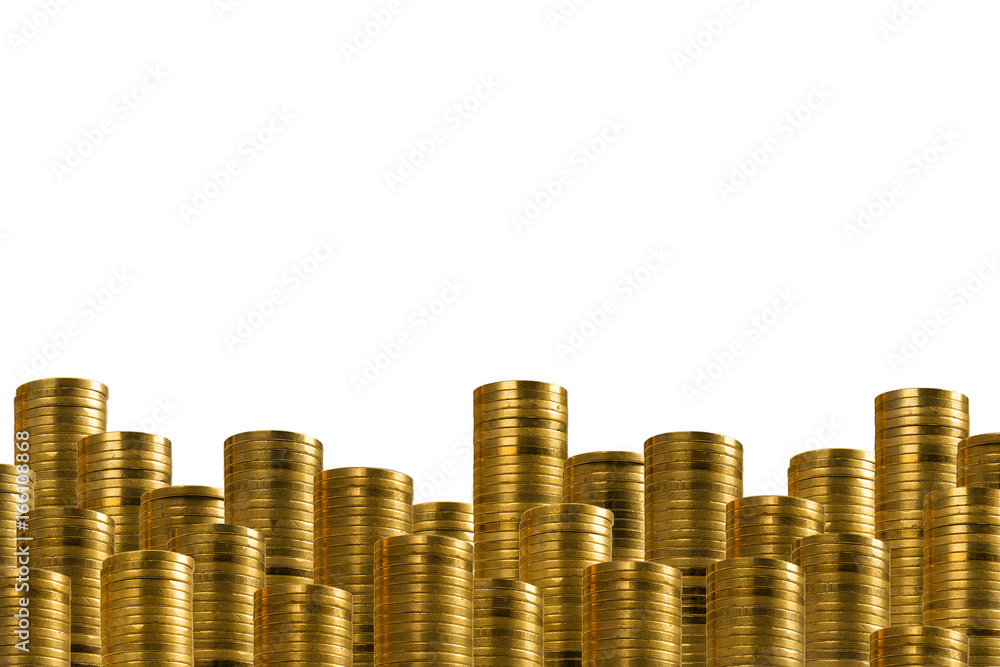 Rows of golden coins isolated on white. lower decoration with money. Rows of golden coins isolated on white. lower decoration with money.