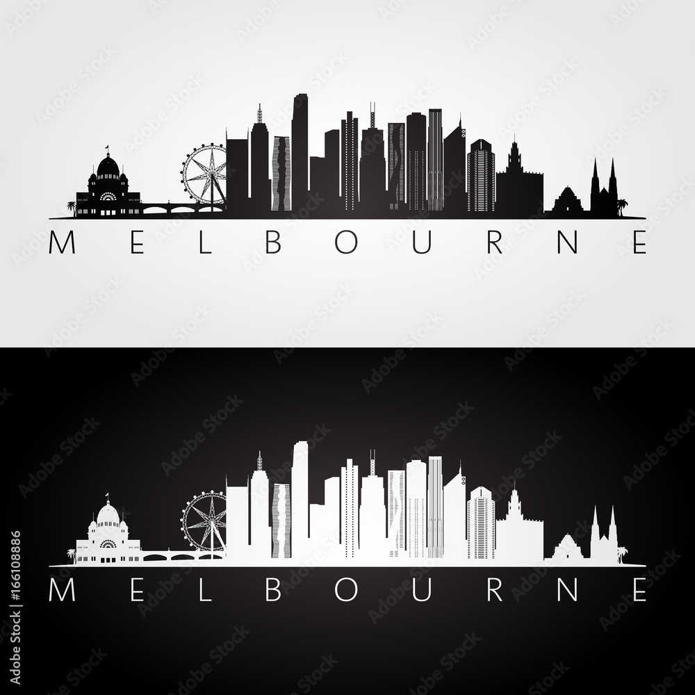 Obraz premium Melbourne skyline i zabytki sylwetka, czarno-biały design, ilustracji wektorowych.