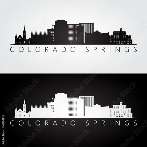 Colorado Springs USA skyline and landmarks silhouette, black and white design, vector illustration.