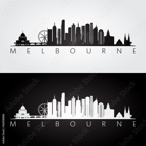 Melbourne skyline and landmarks silhouette, black and white design, vector illustration.