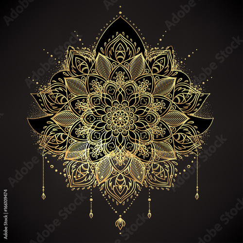 Vector ornamental Lotus flower, ethnic art, patterned Indian paisley. Hand drawn illustration isolated. Invitation. Golden stickers, flash temporary tattoo, mehndi and yoga design