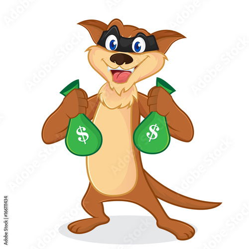 Weasel cartoon mascot as a thieft carrying money bags
