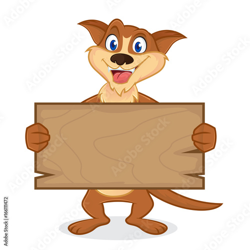 Weasel cartoon mascot holding wooden plank