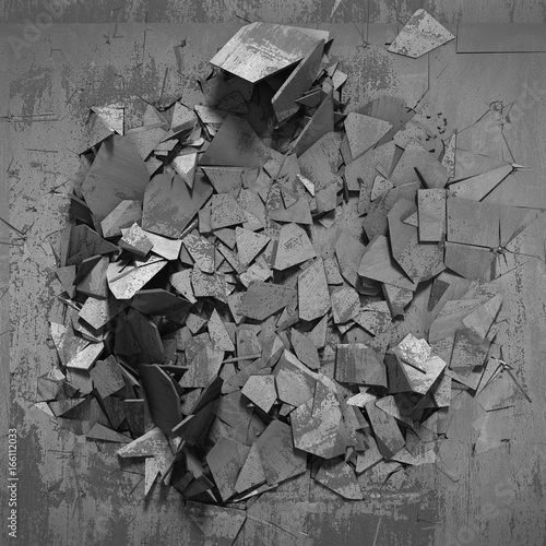 Dark concrete destruction surface with many chaotic broken pieces photo