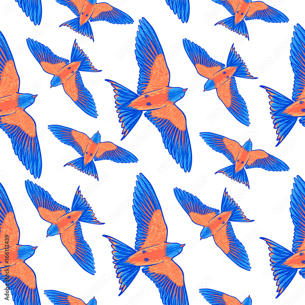 Seamless pattern. Blue tropical bird on a white background. bird of paradise. Hand drawn brush stroke elements. Seamless pattern. Blue tropical bird on a white background. bird of paradise. Hand drawn brush stroke elements.